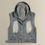 メンズデニムベスト フード付き 薄手 ウォッシュド ヴィンテージ無袖ジャケット