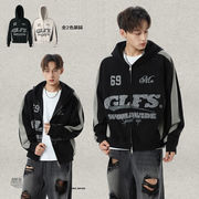 メンズ アメリカン調 スエード ジップアップパーカー ユニセックス 配色切り替えカジュアルフーディ★全2色