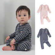 全2色[66-90cm] ベビー 長袖ボーダーロンパース 秋冬用 男女兼用 柔らか肌触り ルームウェアカバーオール