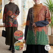 カラフルプリントニット ニット トップス セーター ハイネック お尻隠し 体型カバー チュニック ロング丈