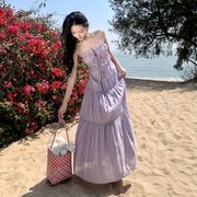 リゾートワンピース 大人可愛い 夏ワンピース 白 S-L 紫 ハワイアン 沖縄 結婚式 キャミソールワンピース