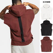 メンズ フード付きベスト 美式ヴィンテージ プルオーバー トレーナパーカー レイヤード風デザイン★全3色