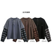 メンズ 長袖Tシャツ 假二枚重ね風 チェック柄切り替え ダメージ加工 カジュアルゆったりトップス★全3色