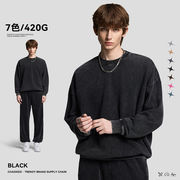 メンズ 420g 美式ヴィンテージ 水洗加工 ゆったり クルーネック スウェット トレーナトップス★全7色