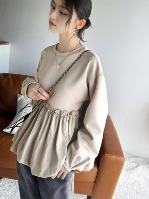 プルオーバー トレーナー レディース 長袖 異素材 切り替え トップス 秋 冬 スウェット ラウンドネック