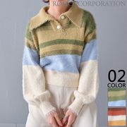 【2025新作商品♪】マルチボーダー柄襟付きニットトップス