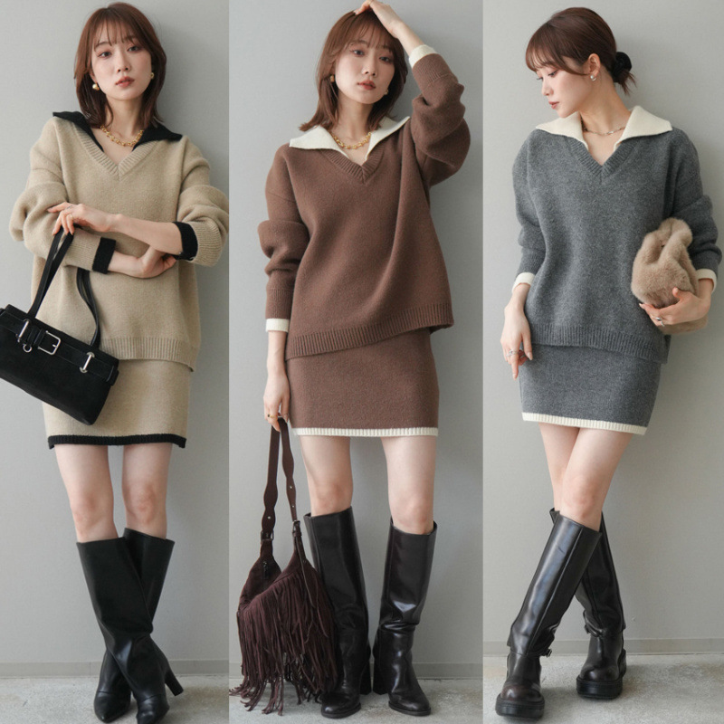 新入荷☆レディース服・韓国風・ニットセーター+スカート・セット・・ファッション     3色