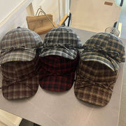 チェック柄キャップ    リボン　ベースボールキャップ   ヴィンテージ    韓国ファッション