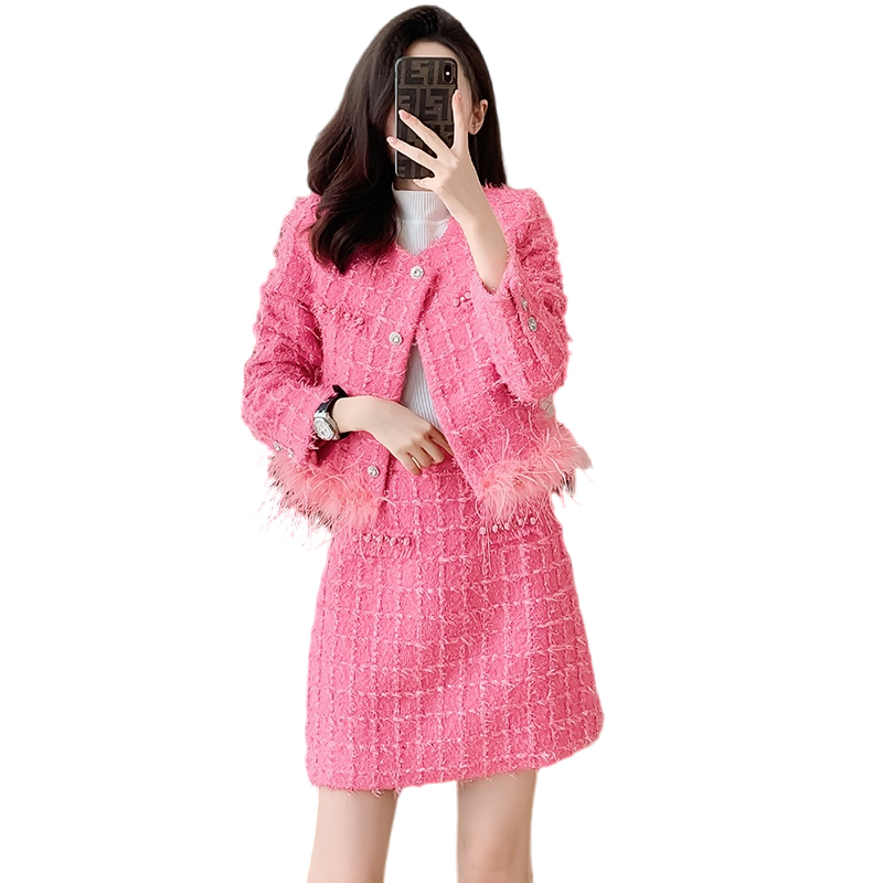 新品ツイードフェザーコートハイウエストスカートセットアップラグジュアリー　レディース