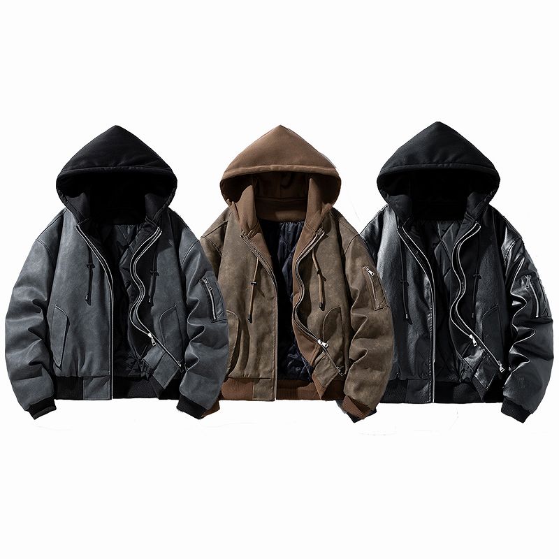 メンズ 偽二枚 フード付き PU ジャケット 男女兼用 ストリート系 防寒アウター 秋冬 2026新作★全3色
