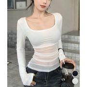 【日本倉庫即納】 チュール切り替え 長袖Tシャツレディース