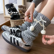 秋冬のスイートロリータストッキング、ニットミモレソックス、リボンボールレースパイルソックス