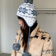 ニット帽 　ポンポン付き　フェアアイル柄   イヤーマフニット帽　韓国ファッション