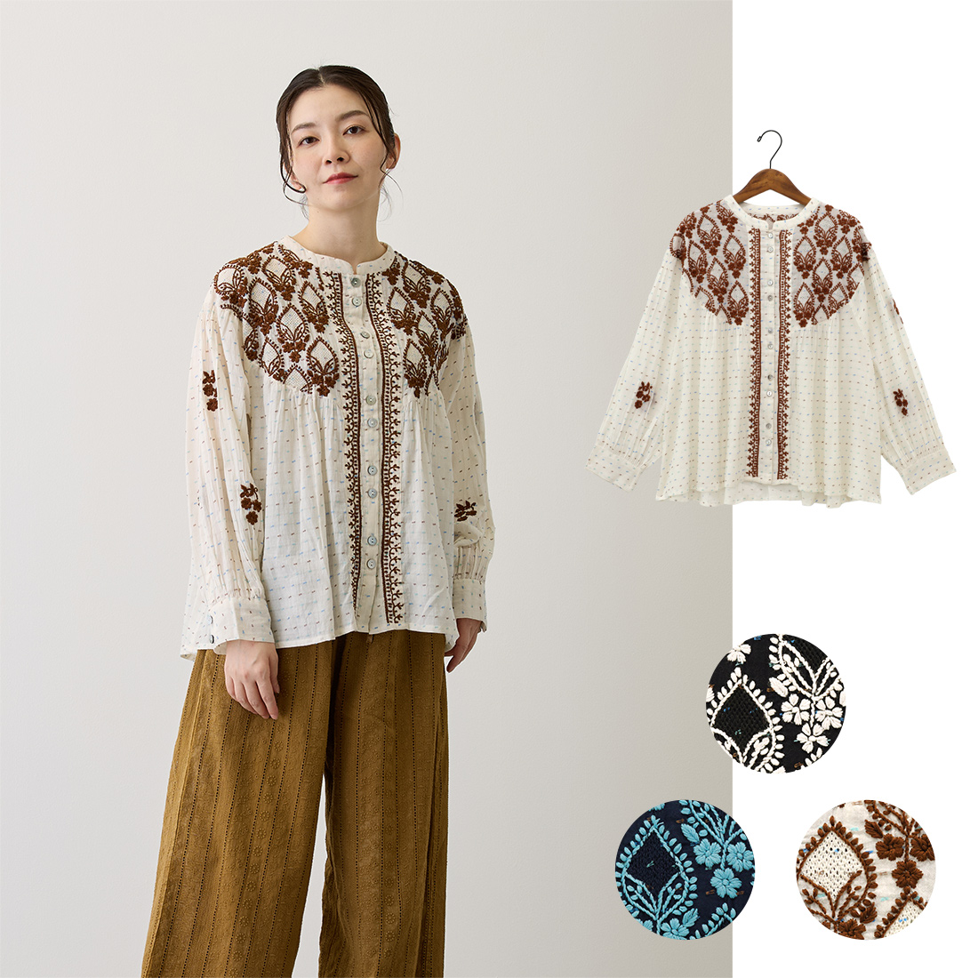 【Karigari】ブラウス ヌール[カリガリ長袖花刺しゅう刺繍ラクノウチカンカリアジアンアシック春夏26SS]