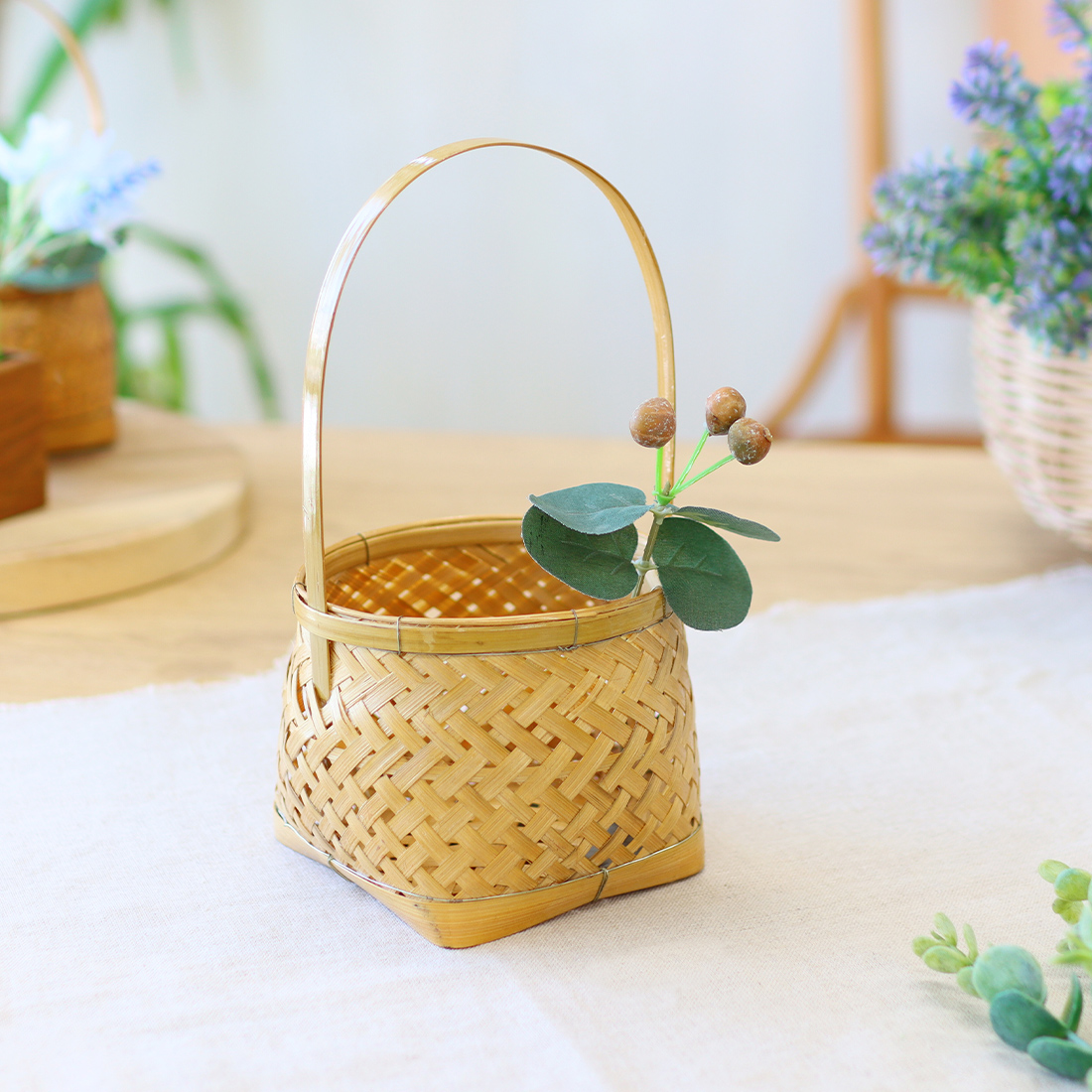 バンブー プラントホルダー 取っ手付き S[かごカゴバスケット天然素材竹植物アジアナチュラルハワイ26SS]