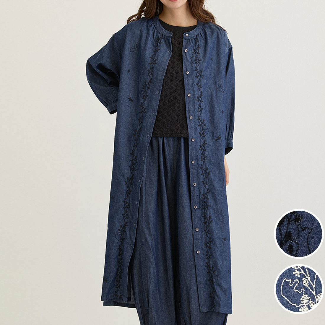 【PORINA】ワンピース ケディ[前開きシャツワンピデニム猫ねこネコ刺繍カジュアルアジアン春夏26SS]