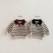 全2色[80-130cm] 韓国風 子供服 POLO襟 ボーダー ニット セーター キッズ 長袖 プルオーバー トップス