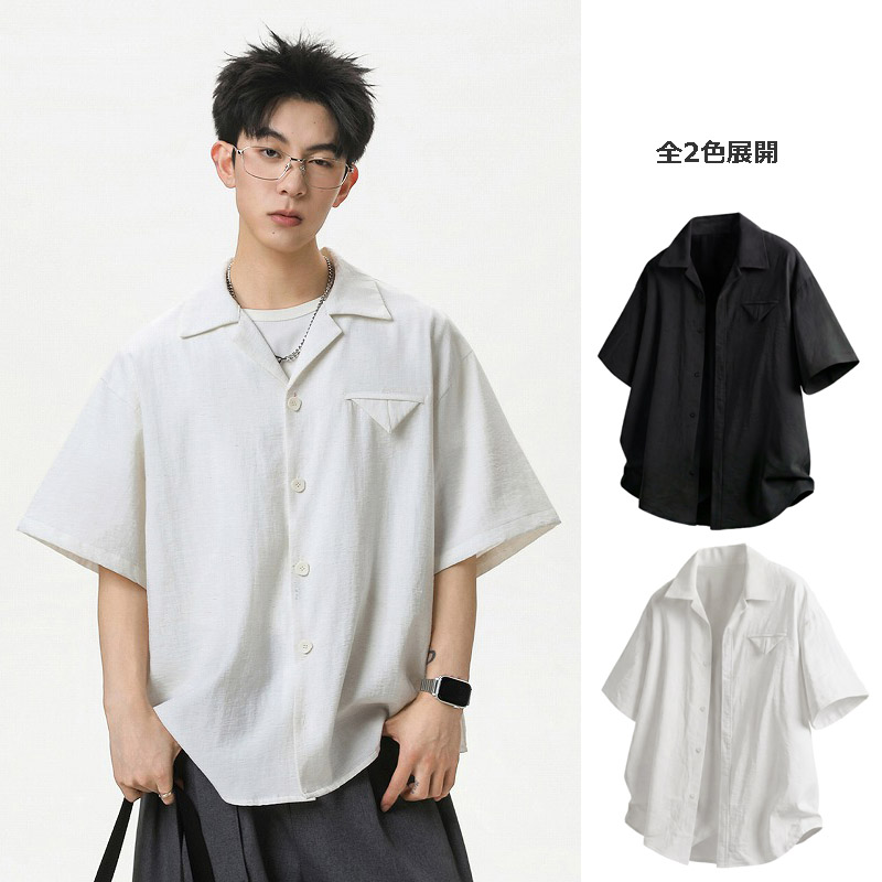 メンズ キューバカラー 半袖シャツ 夏 薄手 無地 ドレープ感 リネン風 通気性 ゆったり カジュアル★全2色