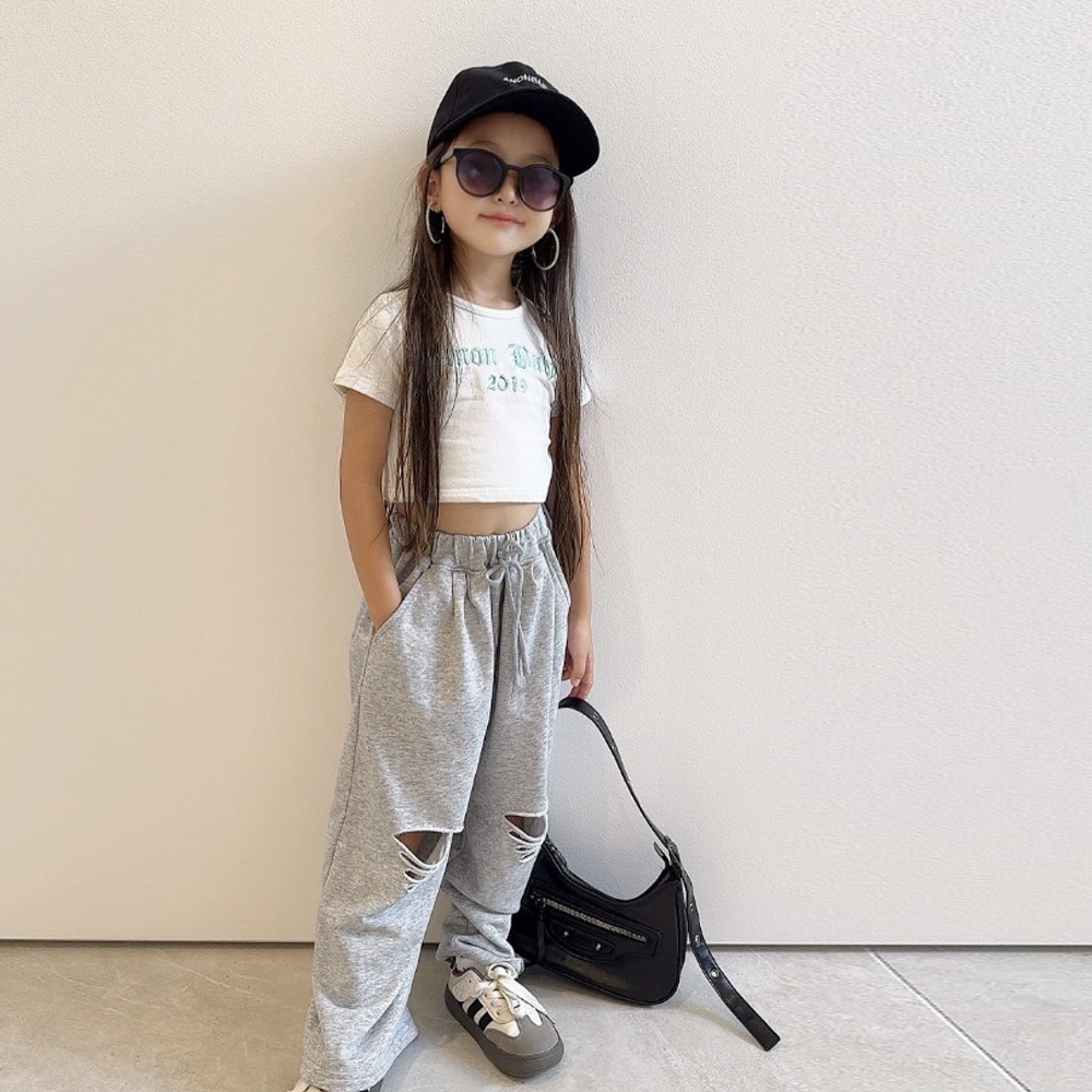 2026夏新品　子供服　キッズ 　ダメージ加工　ロングパンツ　親子ルック　おしゃれ　2色100～150CM