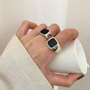 韓国 S925 メッキ黒四角リング ヴィンテージ派手オープン指輪