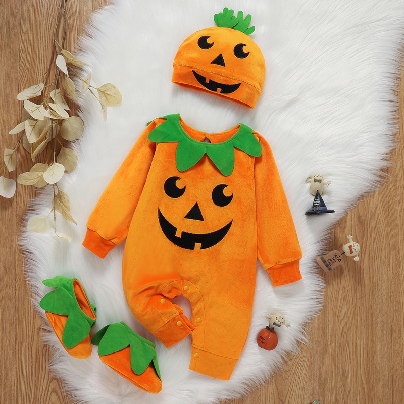 海外ハロウィンベビー服 パンプキン帽子付き長袖 3 点セット