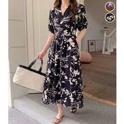花柄 ボタニカル カシュクール ロング ワンピース パフスリーブ ウエスト紐 【2026新作】