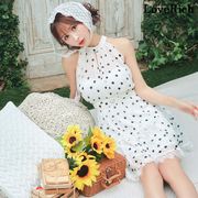 1624【SMLサイズ】ドット ティアードスカート レース リボン ミニドレス キャバドレス