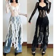 全2色 長袖Ｔシャツ フリル 切り替え スリム 着痩せ レース sweet系