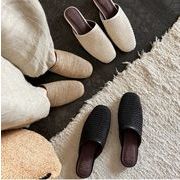 独特の存在感  激安セール 2cm 薄底本革編みミュール脱ぎ履き簡単スクエアトゥレディース通勤スリッパ