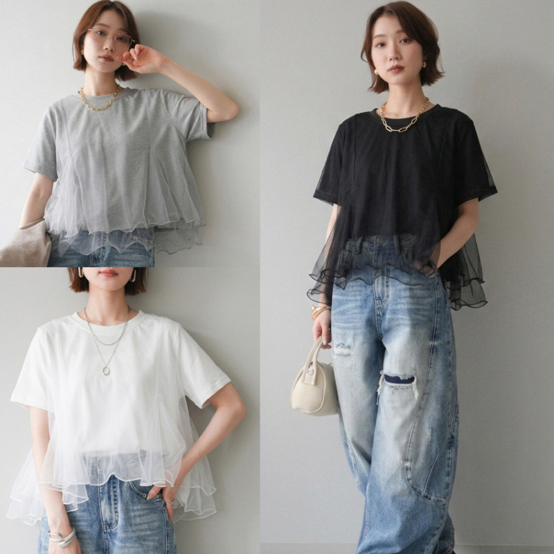 Tシャツ レディース 半袖 ラウンドネック tシャツ 異素材 トップス 大人可愛い