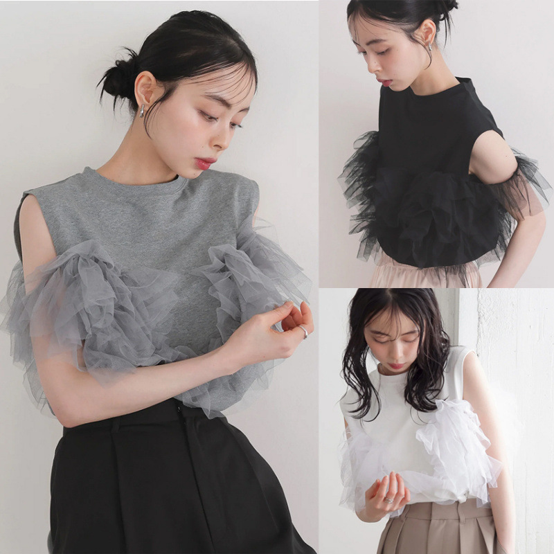 夏新作 Tシャツ トップス INS大人気 気質 おしゃれ ノースリーブ メッシュ飾り