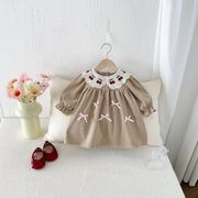 キッズ ベビー 女の子 秋服 長袖 ワンピース さくらんぼ チェリー 刺繍 プリンセス ドレス 韓国風