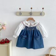 【2点セット】キッズ デニム サロペットワンピース ブラウス 刺繍 女の子 フリル 長袖 チュニック