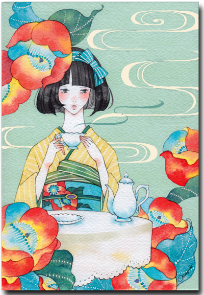 水彩イラストポストカード 椿 雑貨 ポストカードと和雑貨の和道楽