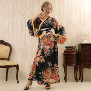 0228花魁風帯付き和柄サテンロングドレス 和柄 衣装 よさこい 花魁 コスプレ キャバドレス