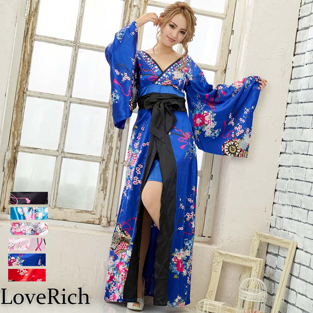 【再入荷】0309サテン花車リボンロング着物ドレス 和柄 衣装 ダンス よさこい 花魁 コスプレ キャバドレス