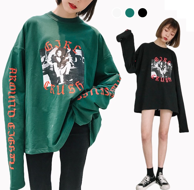 レディーストップス アーム長袖ｔシャツ ロゴフォトプリント 超ロングスリーブ カットソーバイカラー アパレル 株式会社 シーネック 問屋 仕入れ 卸 卸売の専門 仕入れならnetsea