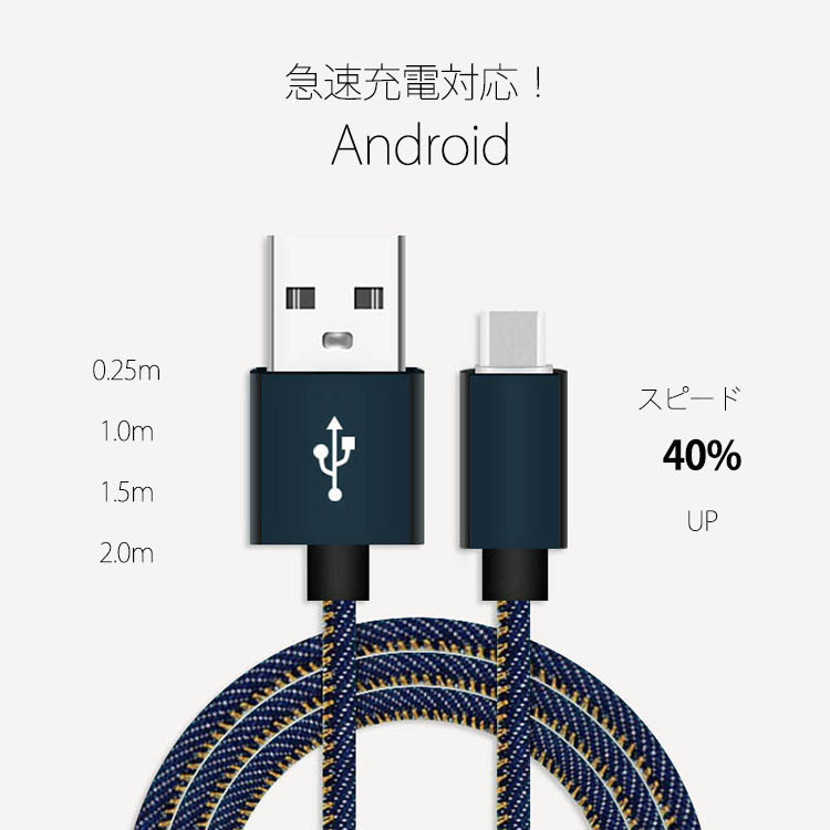 【一部即納】デニム android 充電 転送ケーブル アンドロイドmicroUSB / 0.25m~2m