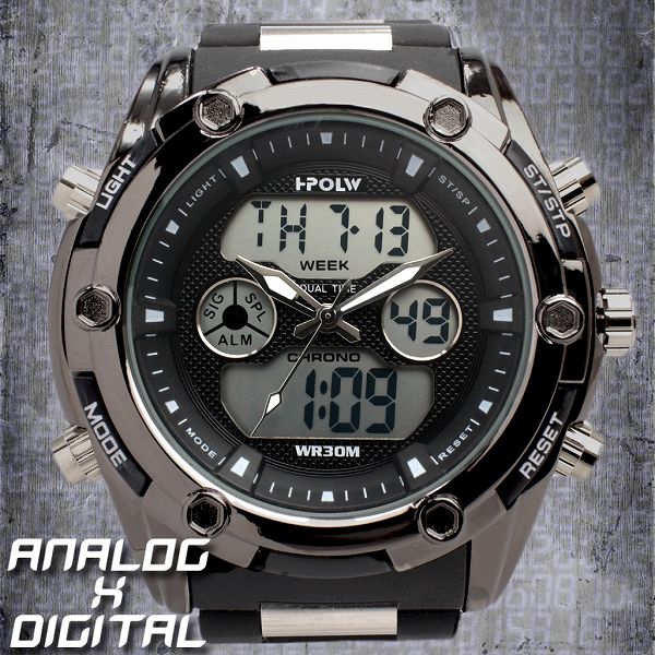 アナデジ デジアナ HPFS618B-BKBK アナログ&デジタル 防水 ダイバーズウォッチ風メンズ腕時計 クロノグラフ