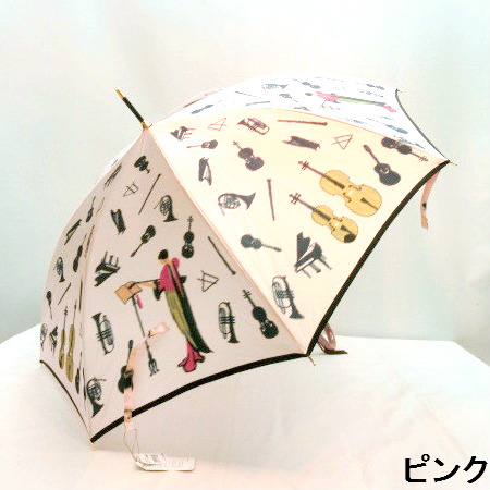 【日本製】【雨傘】【長傘】甲州織生地ホグシ織楽器柄タッセル付手元ジャンプ傘