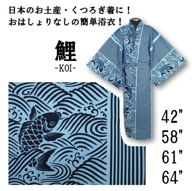 【日本製】躍動感たっぷりで縁起の良い「鯉」の浴衣　水色地に紺柄
