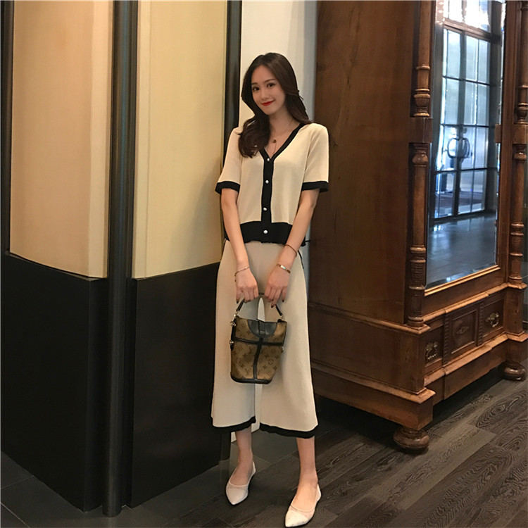 新生活支援推進 レディースファッション 白黒 小香料 縫付 編み物 ワイドレッグパンツ ツーピース Www Watsons Biz Id