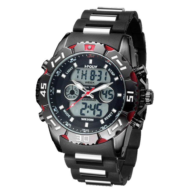 アナデジ HPFS1510-BKRD アナログ&デジタル クロノグラフ 防水 ダイバーズウォッチ風メンズ腕時計