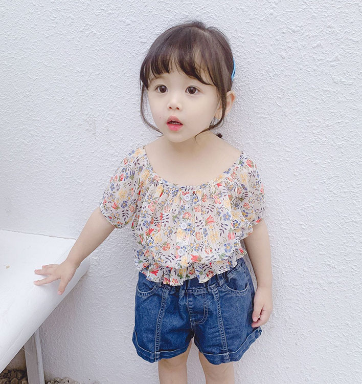 2019夏 韓国風 女の子 子供服 可愛いキッズ 半袖シフォンブラウス