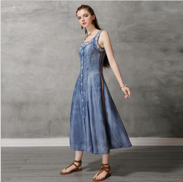 ノースリーブワンピース デニムワンピース ミモレ丈ワンピース刺繍 パッチワーク風 サロペットスカート アパレル 有限会社 エイチ エム ティ 問屋 仕入れ 卸 卸売の専門 仕入れならnetsea