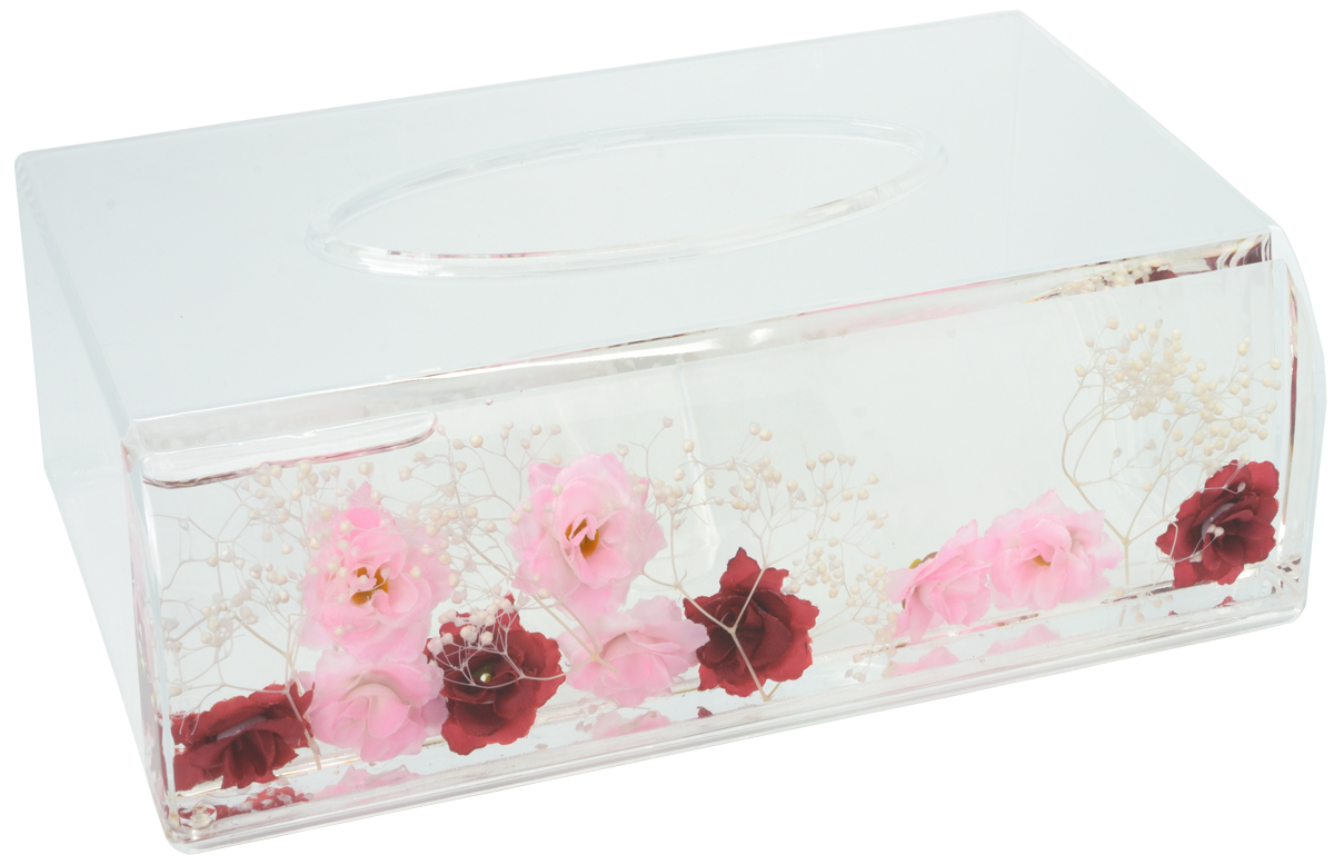透明の中の薔薇の花びらが素敵です！ティッシュボックスケース