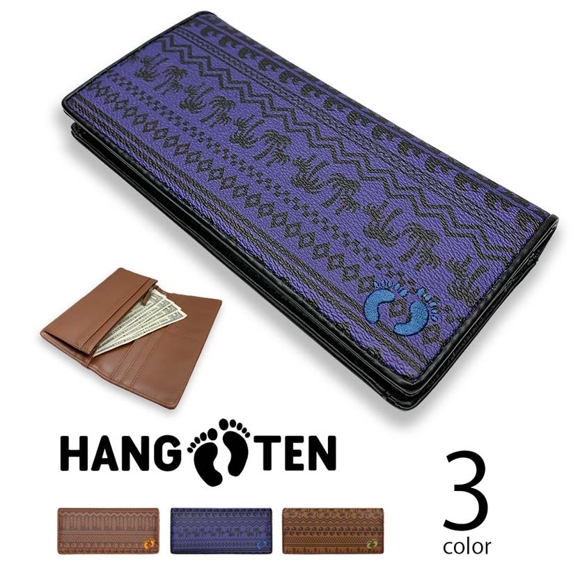 全3色　HANG TEN ハンテン PUレザー ハワイアン模様デザイン型押し 2つ折り 長財布 ロングウォレット