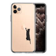 iPhone11pro  側面ソフト 背面ハード ハイブリッド クリア ケース カバー 猫 にゃんこ 玉遊び ブラック