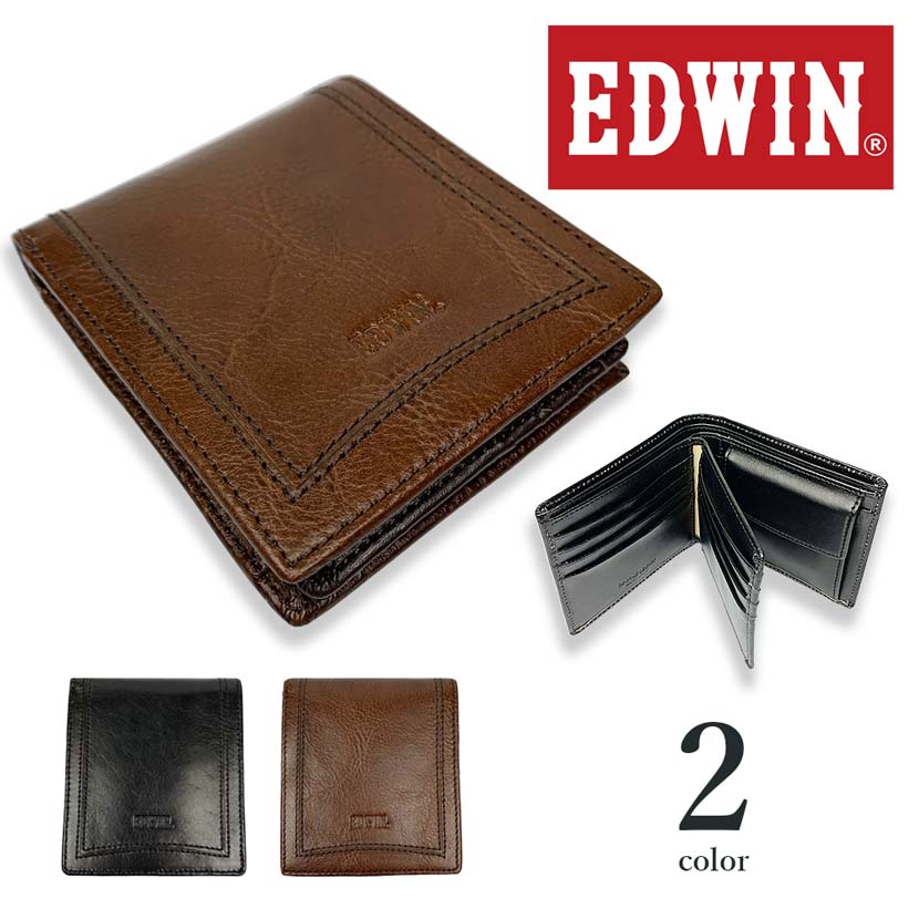 【全2色】EDWIN エドウイン リアルレザー 中ベラ付き 二つ折り財布 ショートウォレット 牛革 本革