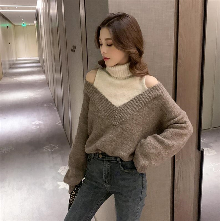 新作 韓国 ハイネック オフショルダー 19 冬 ニットトップス レトロ ファッション セーター アパレル オープンブリッジ 合同会社 問屋 仕入れ 卸 卸売の専門 仕入れならnetsea
